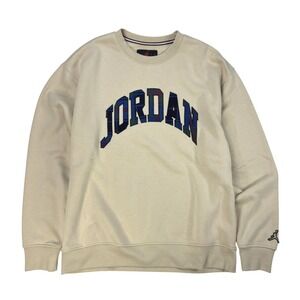 Nike Air Jordan Flight Heritage Sweatshirt Mens Size L Plaid Spellout Fleece Tan